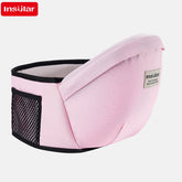 Pink baby carrier with black mesh side on a white background, featuring the Insular brand.